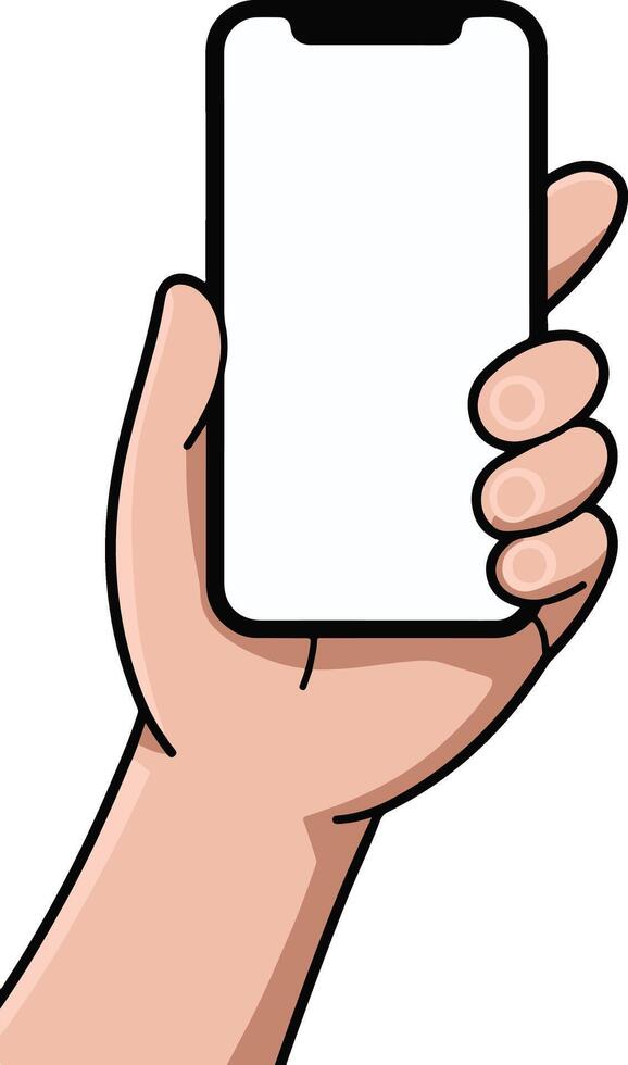 A cartoon-style illustration of a hand holding a blank smartphone screen vector
