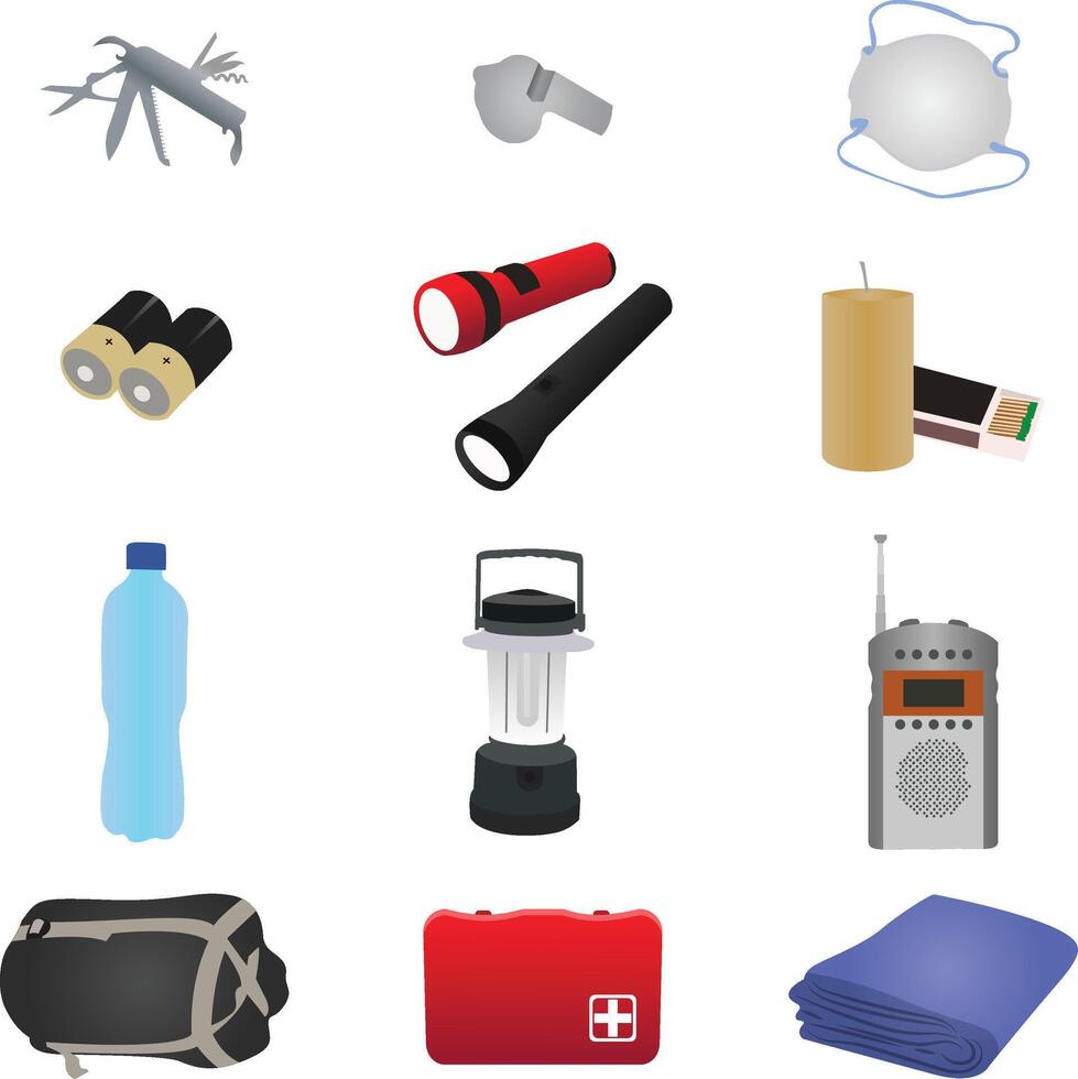 Set of camping equipment, supplies and tools for hiking, sleep and refreshment vector