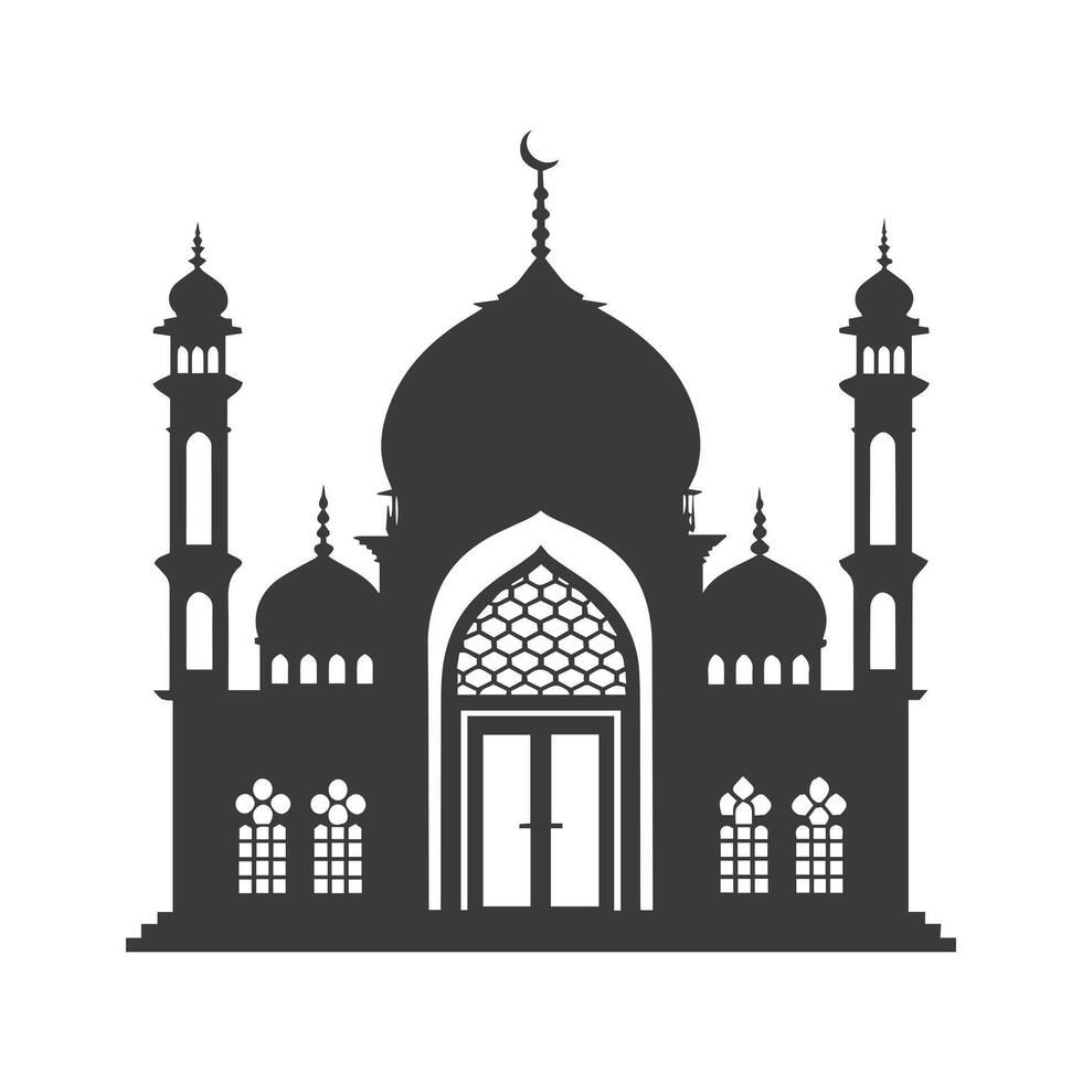 Majestic Mosque Silhouette with Intricate Arch and Crescent Moon vector