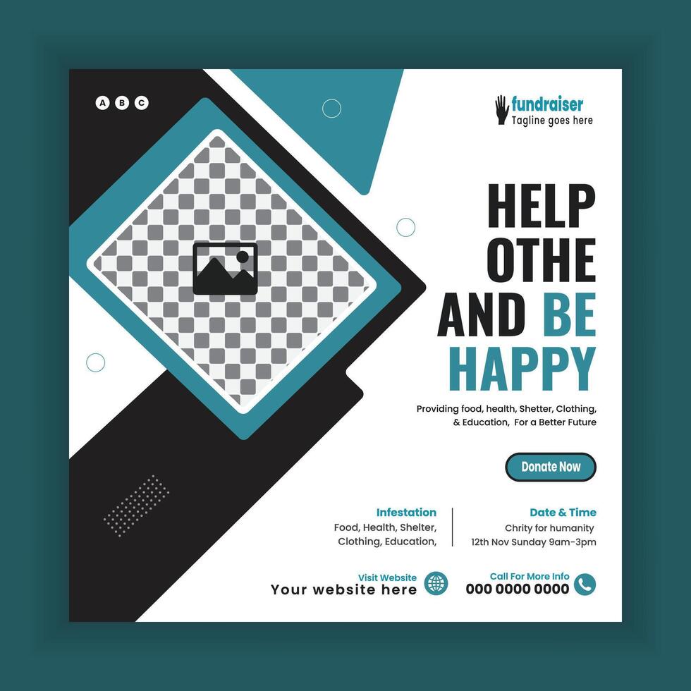 Charity social media post design or Humanity donation fundraiser poster template, vector