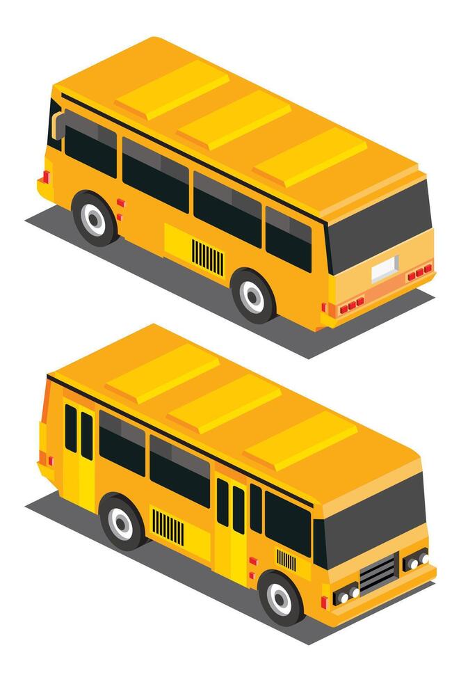 Isometric yellow school bus. Front and back view. Object isolated on white background. 3D icon. vector