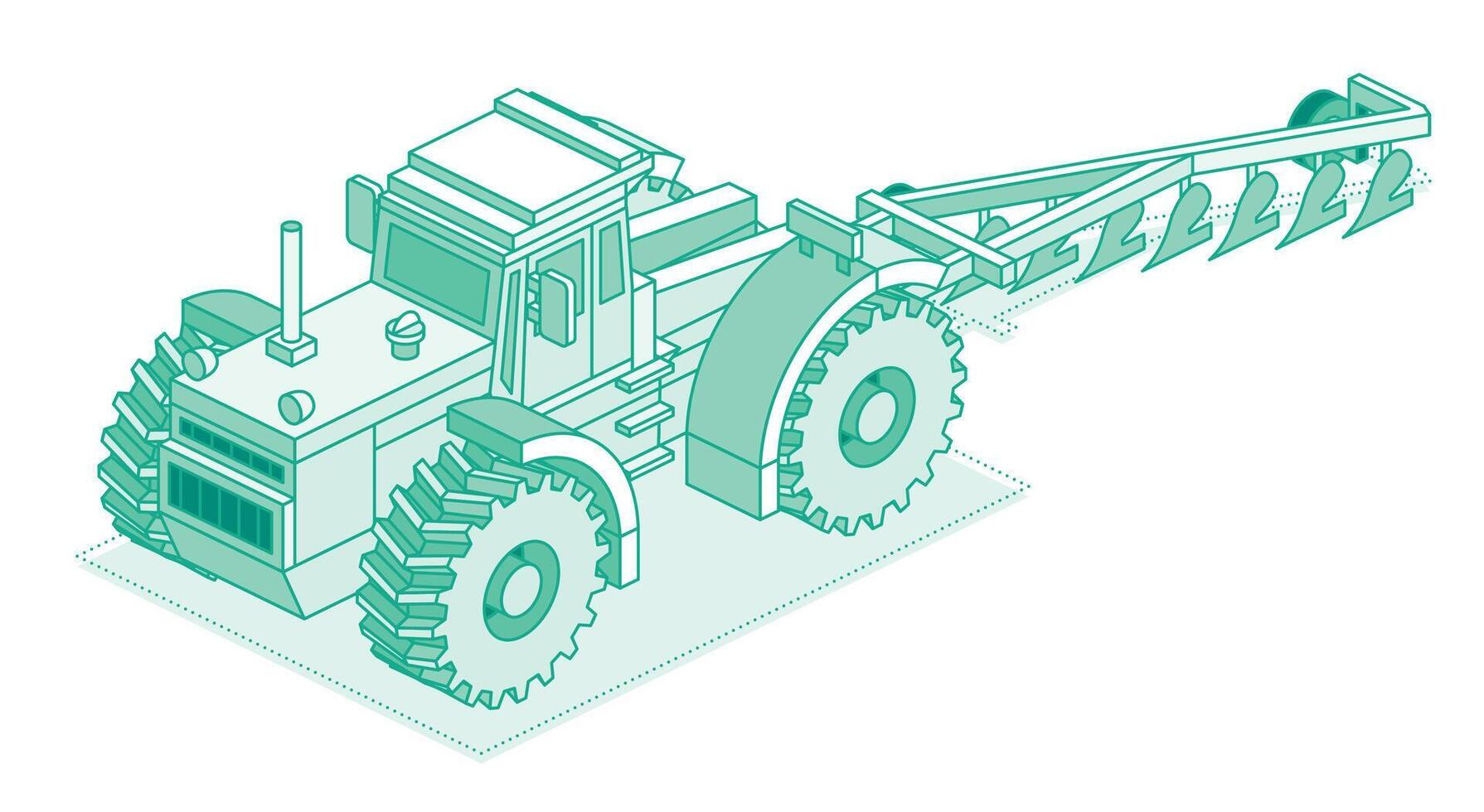 Isometric tractor with plow isolated on white background. Outline object. Large modern agricultural tractor. vector