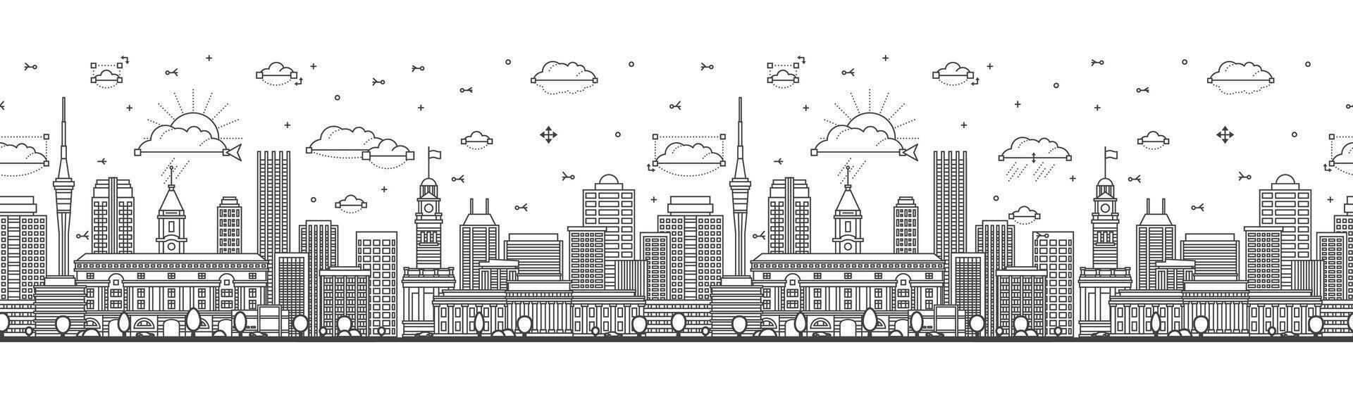 Seamless pattern with Outline Auckland New Zealand city skyline with modern and historic buildings isolated on white. Auckland cityscape with landmarks. vector