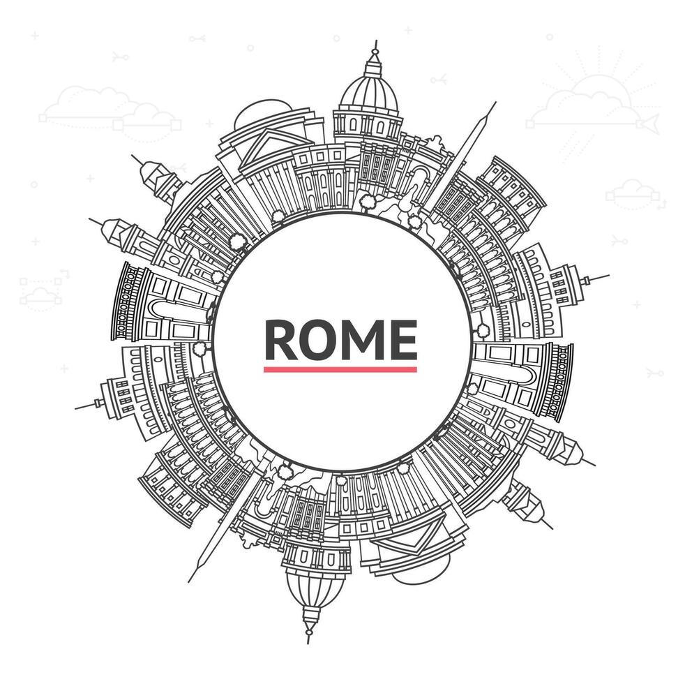Outline Rome Italy City Skyline with Historic Buildings and copy space Isolated on White. Rome Cityscape with Landmarks vector