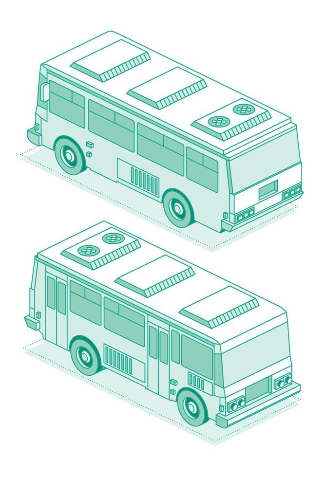 Isometric school bus. Front and rear view. Outline object isolated on white background. 3D icon. vector