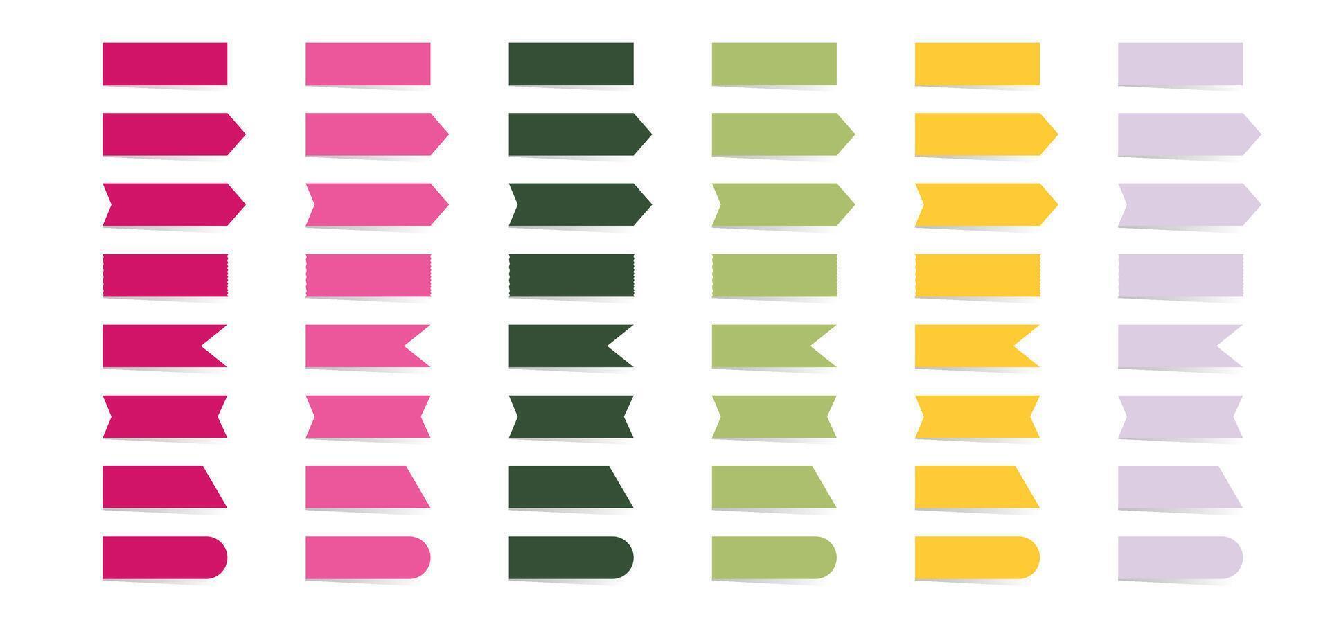 Set of short paper adhesive tape with shadows. Sticky office paper tape. Colored bookmarks, stickers for notes. Isolated realistic illustration in different shapes and colors vector