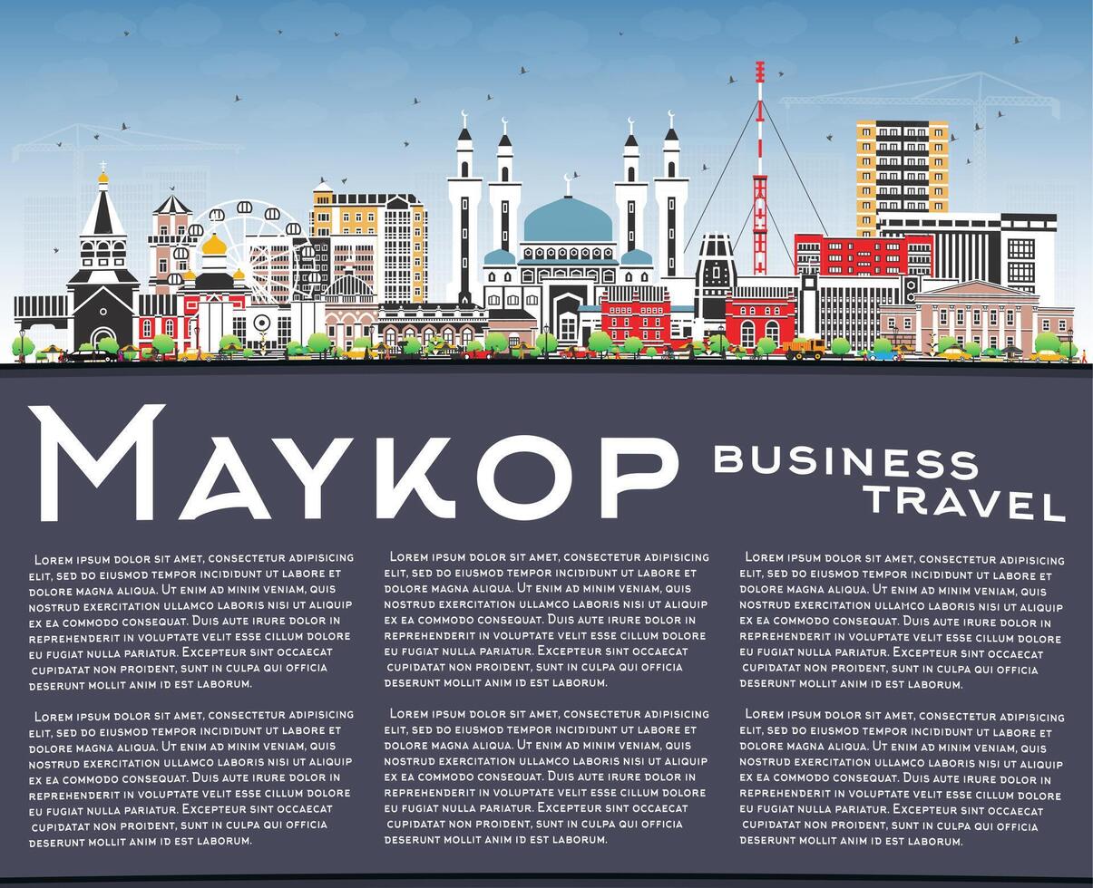 Maykop Russia city skyline with color buildings, blue sky and copy space. Maykop cityscape with landmarks. Business travel and tourism concept with modern and historic architecture. vector