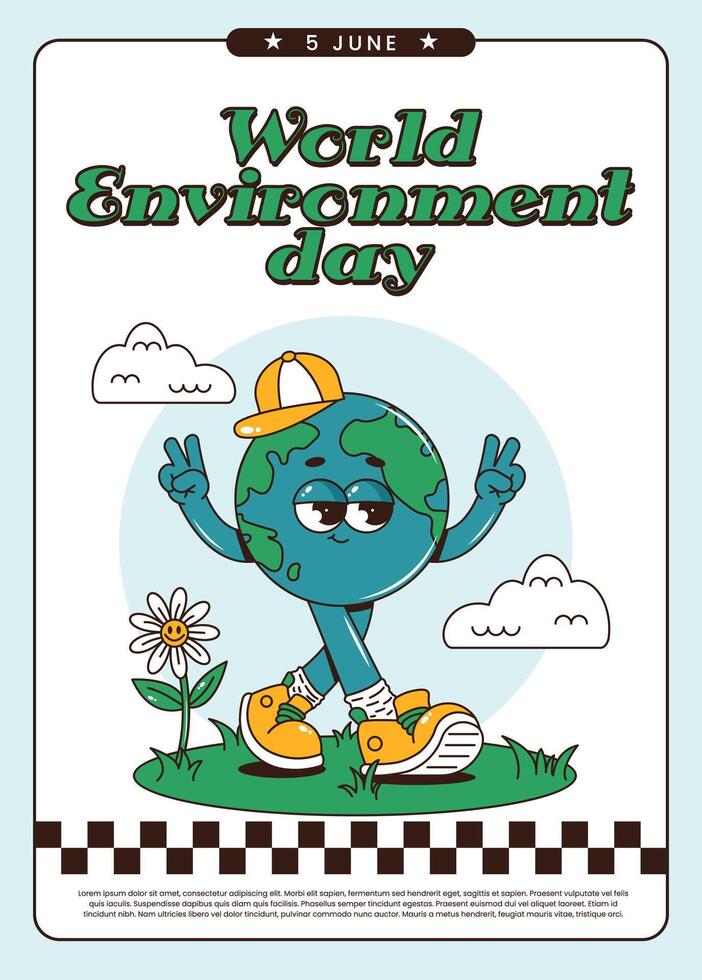 Retro groovy planet Earth character. Funky walking globe personage in baseball cap and sneakers. World Environment day vertical poster. illustration vector