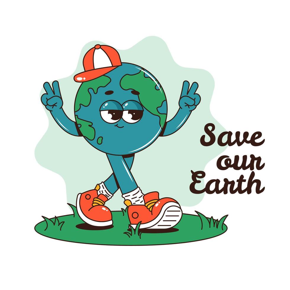 Retro groovy planet Earth character. Funky walking globe sticker with baseball cap and sneakers on grass. Save our Earth. illustration vector