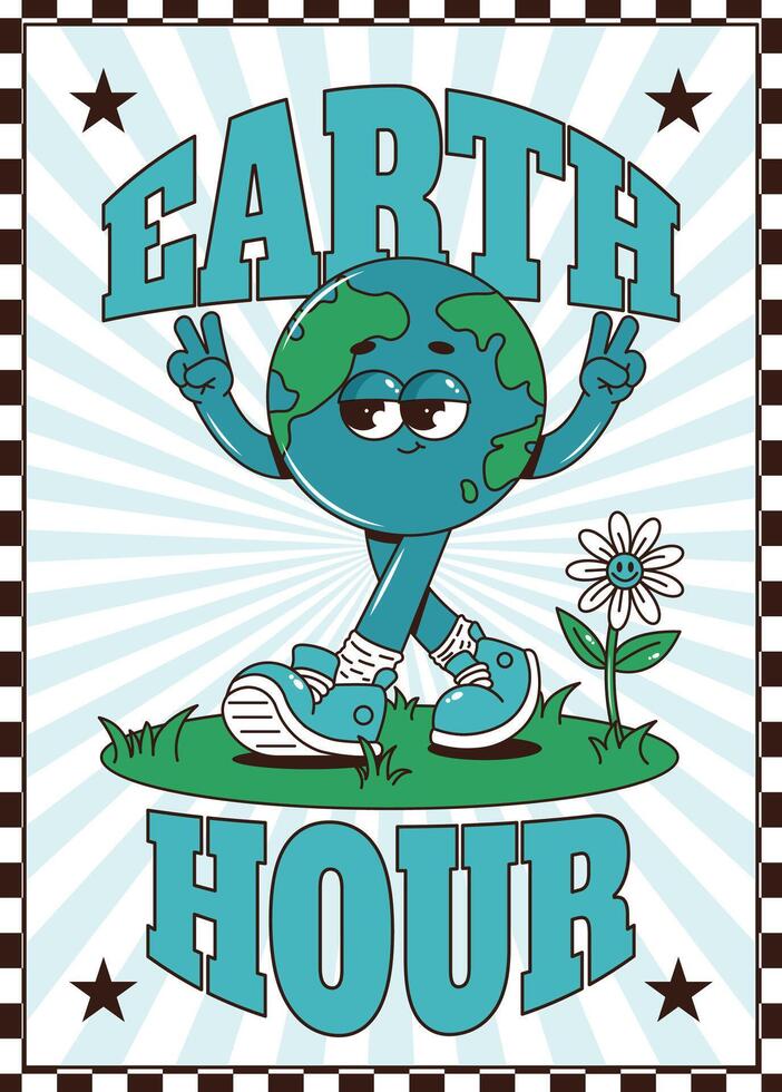Retro groovy planet Earth character. Funky walking globe personage in sneakers, funny flower. Earth hour vertical poster. illustration vector
