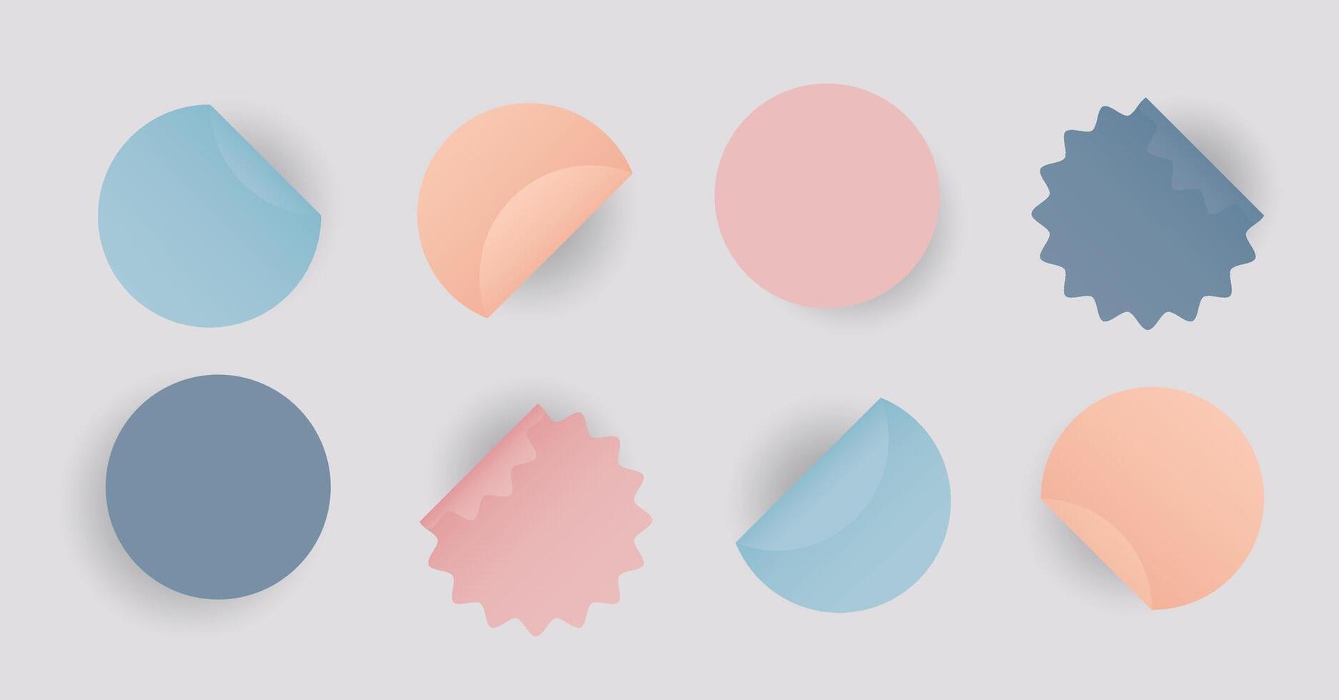 Set round self adhesive stickers with folded edges. Colored paper circle with shadows, soft zigzag shapes. Blank layout for any notes. illustration vector