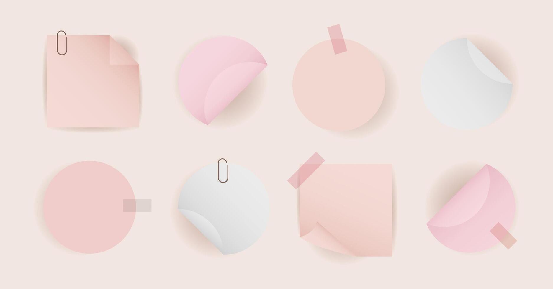 Set round, square self adhesive stickers with folded edges. Colored paper with shadows, paper clip, color sticky tape. Blank layout for any notes. illustration vector