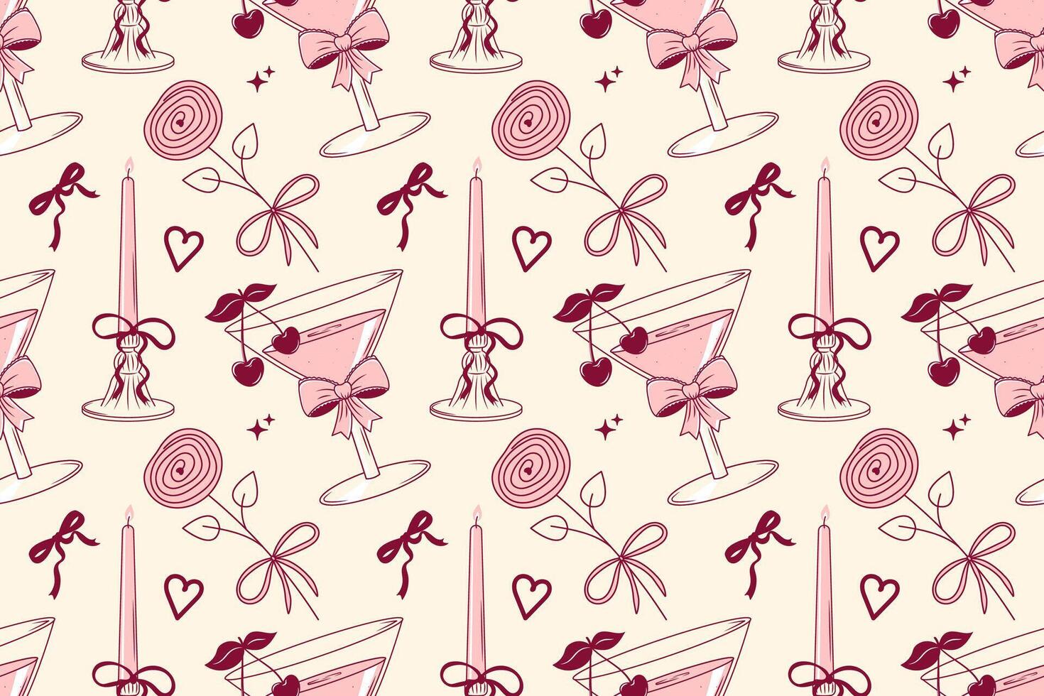 Hand drawn coquette seamless pattern with cocktail, candle, cherry, flower, bowknot. Cute girly design for Valentines day, wedding, party. Modern trendy print for wrapping paper, cover, fabric vector