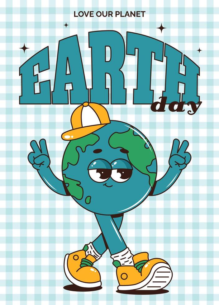 Retro groovy planet Earth character. Funky walking globe personage in baseball cap and sneakers. Earth day, love our planet vertical poster. illustration vector