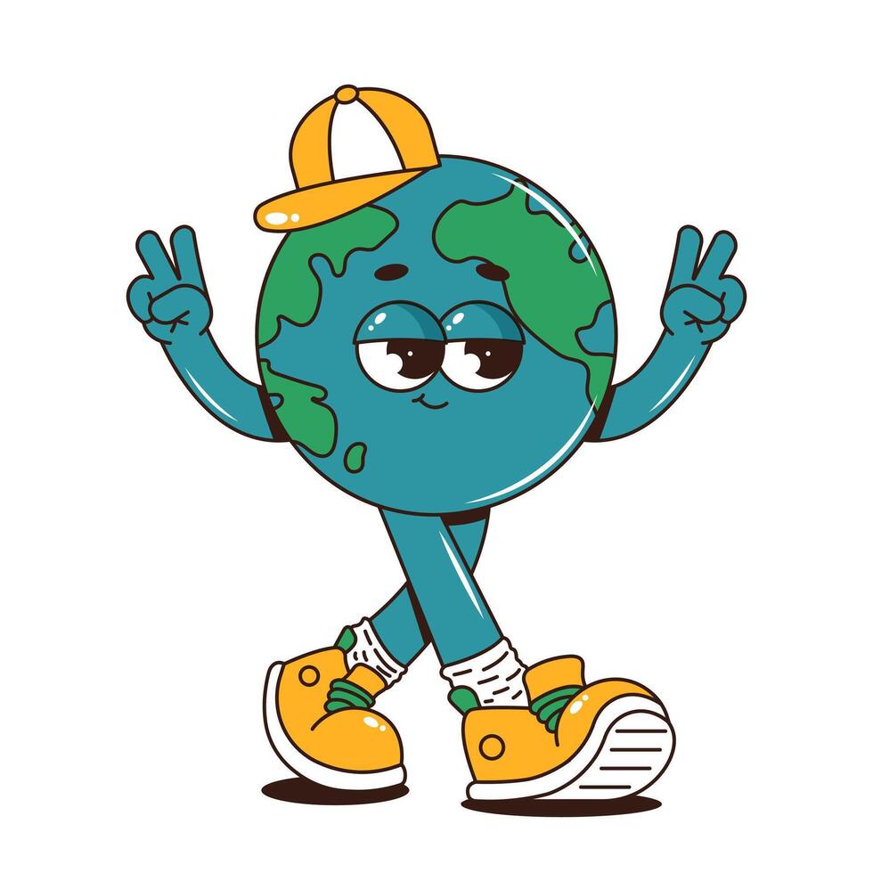 Retro groovy planet Earth character. Funky walking globe sticker in baseball cap and sneakers. Earth day, World Environment Day. illustration vector