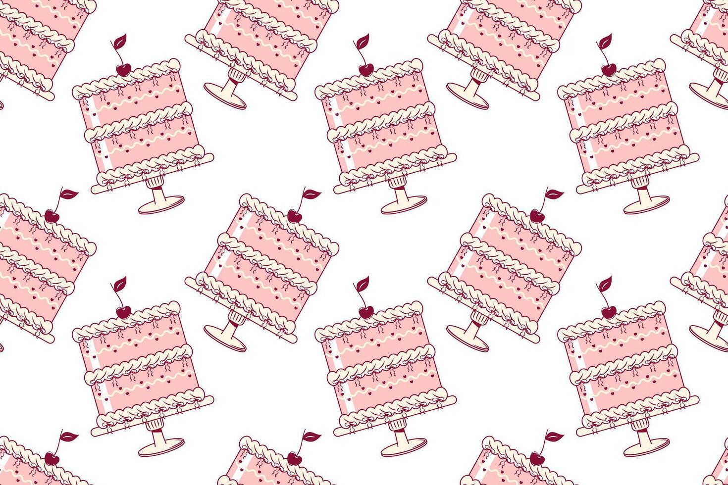 Hand drawn coquette seamless pattern with cake, cherries, bow. Cute girly design for Valentines day, wedding, birthday. Modern trendy print for wrapping paper, fabric, textile vector