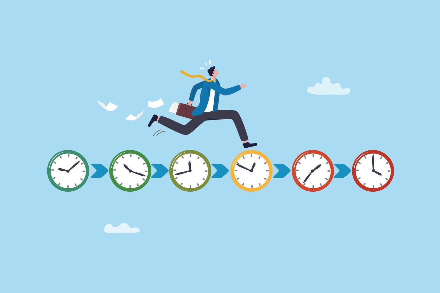 Deadline urgency, timer clock countdown, pressure to finish work within time limit, due date or timing to complete responsibility concept, businessman hurry running on time counting down deadline. vector