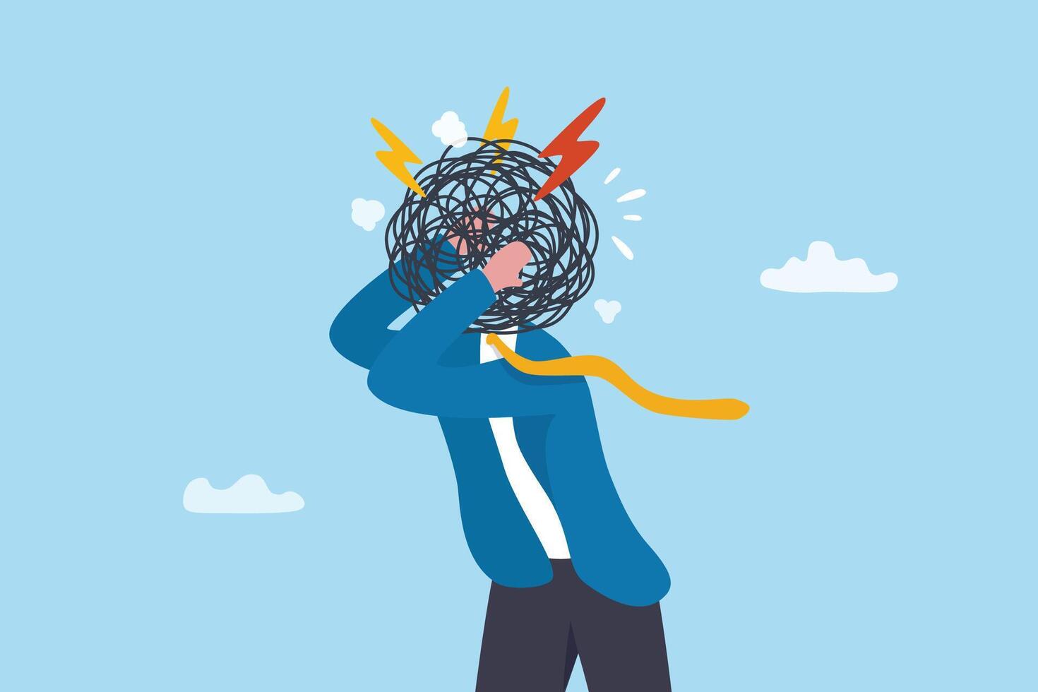 Overthinking, too much worried, stress or anxiety, self doubt, fear or indecision, obsession thoughts, mental exhaustion or negative emotional, overload concept, businessman overthinking mess head. vector