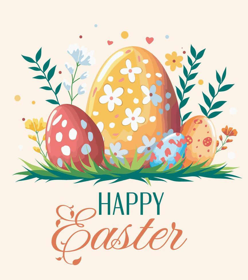 Happy Easter, horizontal flat illustration. Easter eggs with different patterns surrounded by nature and decorative elements on a light background. For design of postcards, website vector