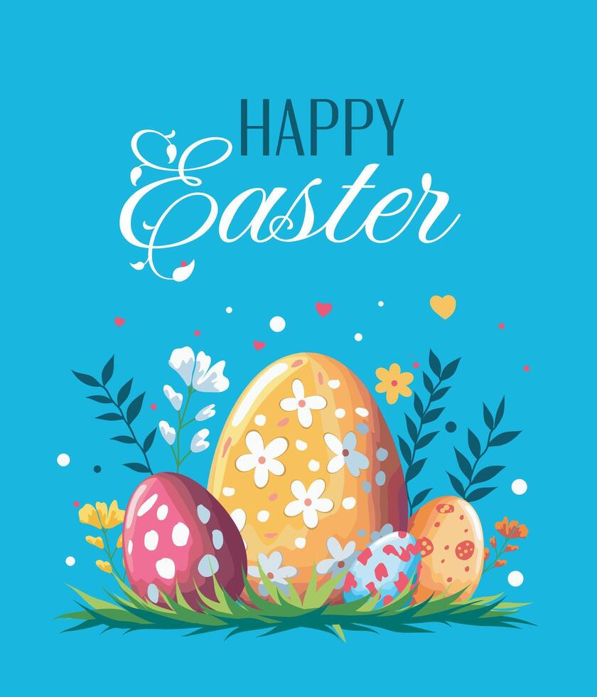 Happy Easter, flat illustration. Easter eggs with different patterns surrounded by nature and decorative elements on a blue background. For the design of postcards, website, congratulations vector