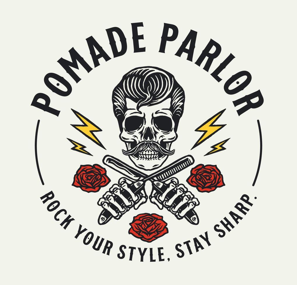 A retro barbershop logo illustration featuring a pompadour-styled skull with crossed combs, roses, and lightning bolts in a vintage tattoo-inspired rockabilly style. vector