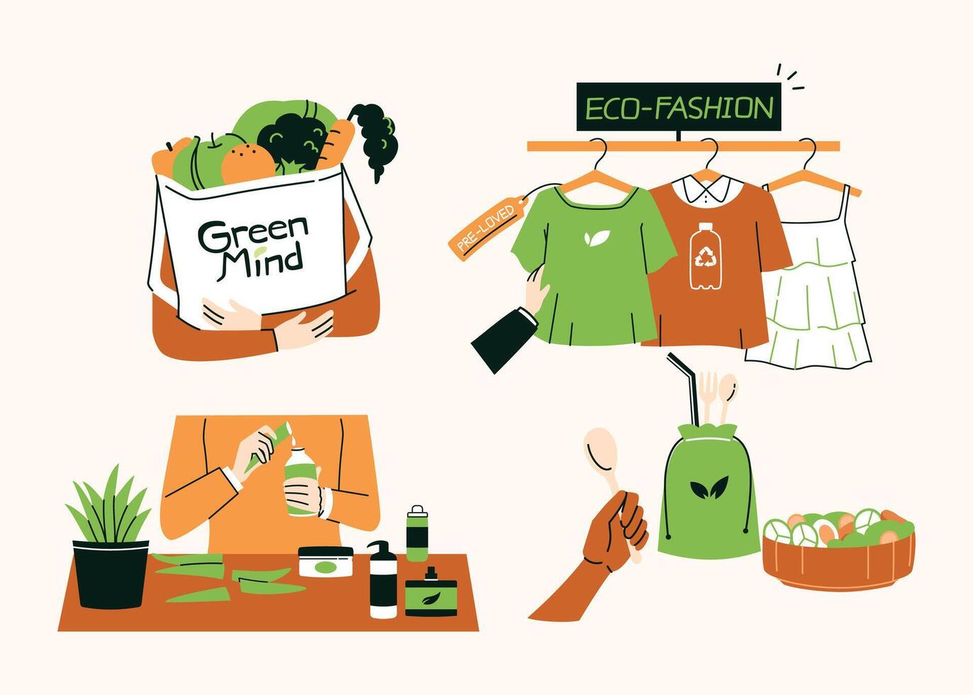 A set of flat-style illustrations featuring young people engaging in sustainable and eco-friendly activities vector