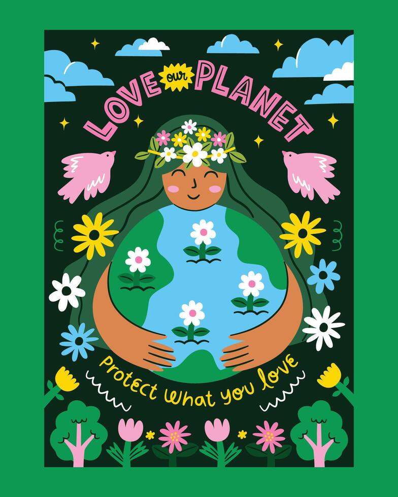 A vibrant flat-style illustration promoting Earth Day, featuring a woman embracing the planet with flowers, birds, and greenery symbolizing love and environmental protection. vector