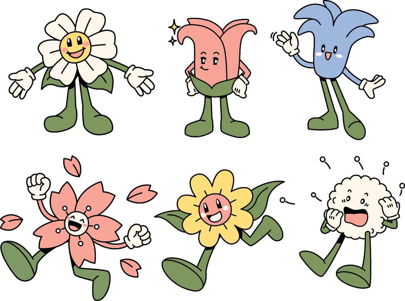 A set of vibrant and expressive spring flower mascots, each with a unique personality and fun, playful gestures, embodying the joy of blooming season with a charming and animated appearance. vector
