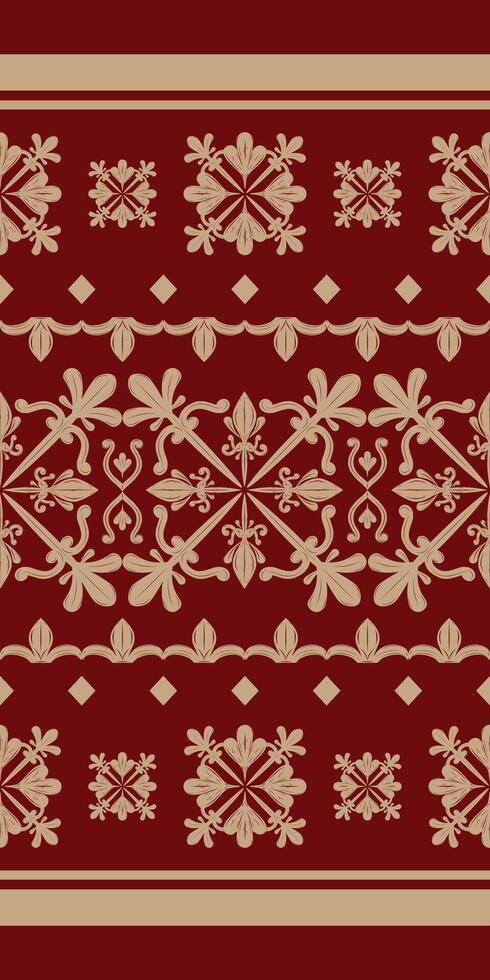 Golden Cross Embroidery on Burgundy Red Background. Classic Royal Luxurious Seamless Pattern Lace Clover Leaves inspired by Nature Traditional Ethnic Style. Scroll Ornate Detailed Rich Hand Craft. vector