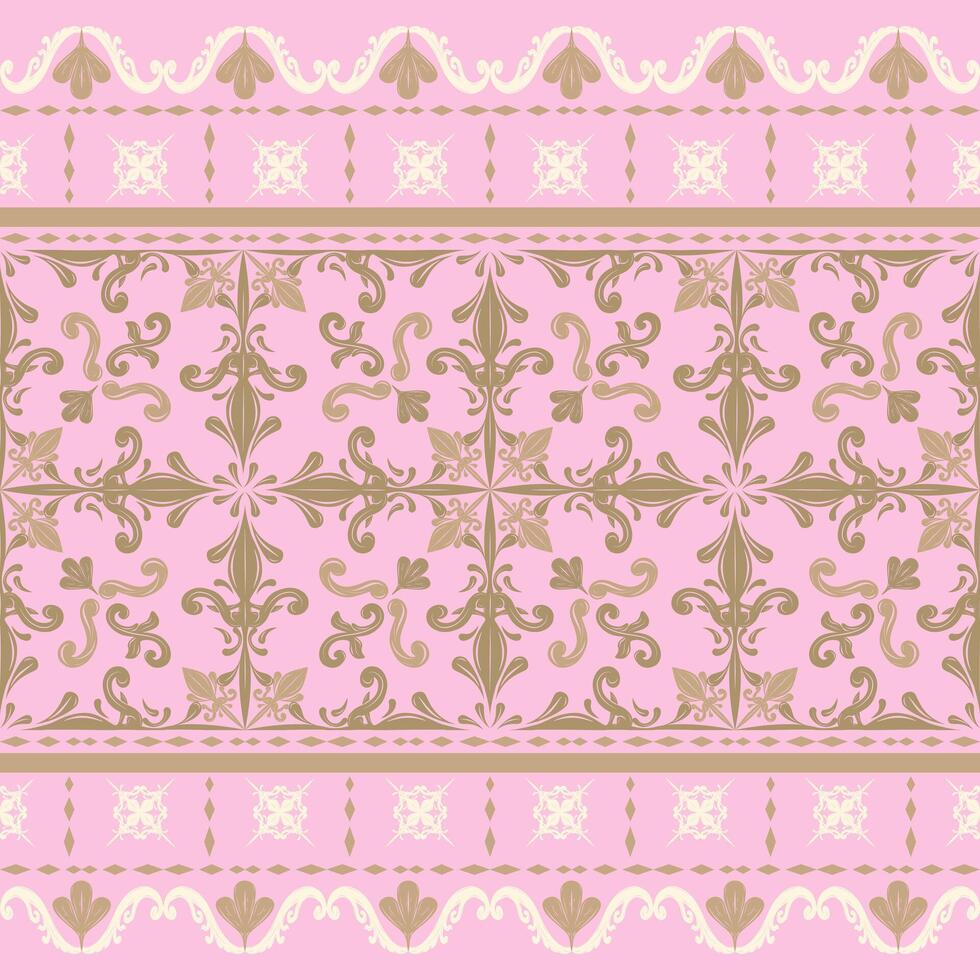 Exquisitely Detailed of Gold and Beige Embroidery on Pink background. Luxury Sweet Rich Border design Pattern with prominent fleur-de-lis filigree. Elaborate Seamless for Haute Couture Decorate vector