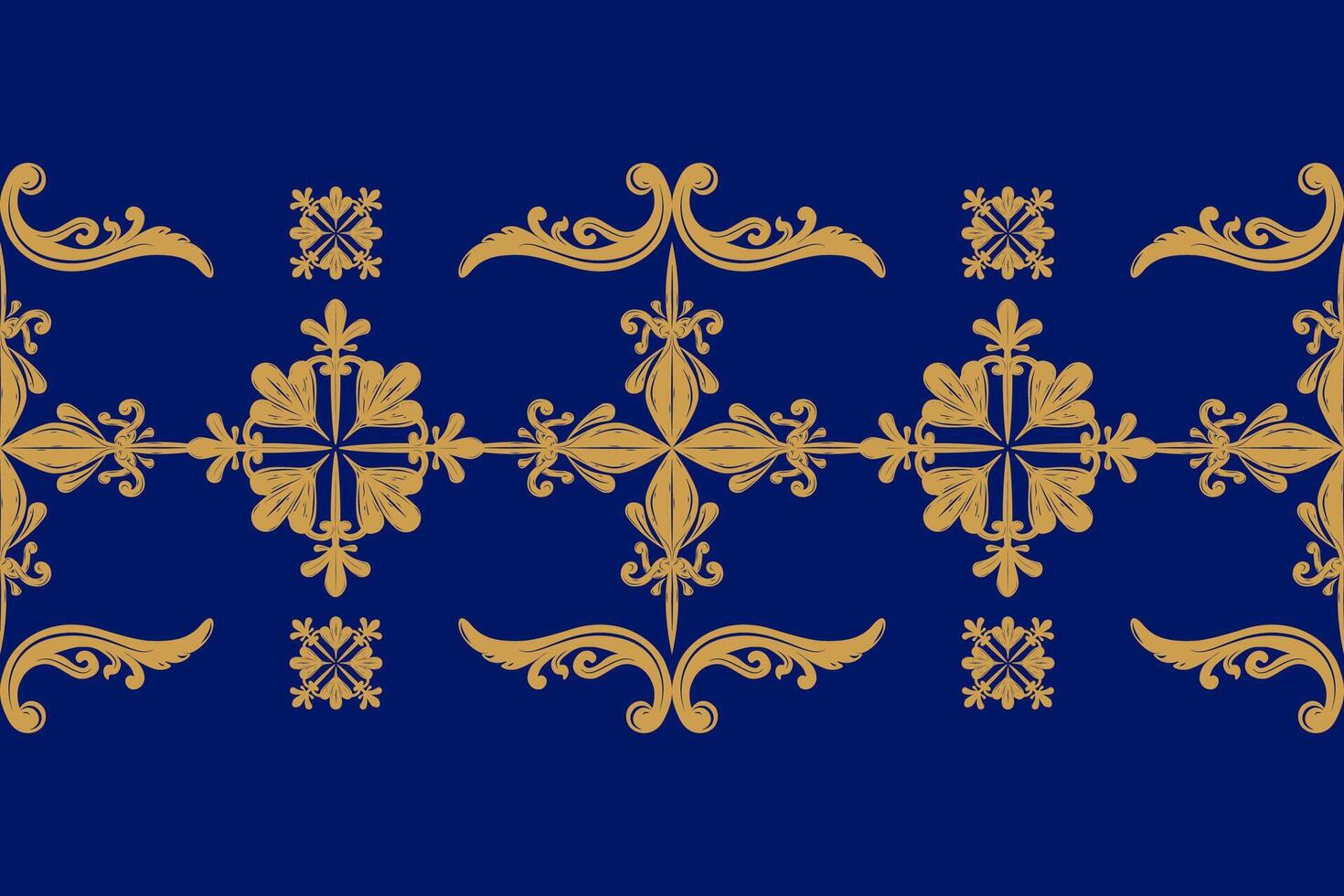 Paradise Rococo Embroidery Golden Cross Ornament on Royal Blue Background. Opulence Rich Border Pattern Seamless for Luxury Elegant Design. Lace Leaves Buds Florals Nature Blessing Ages Decoration vector