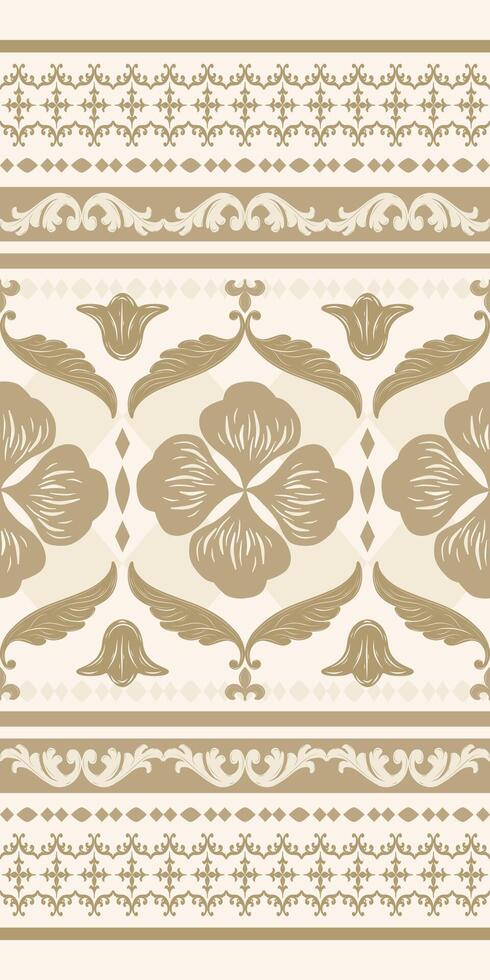 Florals Buds and Leaves in Gold on Beige Detailed Background. Luxury Rich Design for Elegant Decoration. Beautiful Of Nature Opulence Border Pattern Jaccqard Seamless arts and Golden Bell Deco. vector