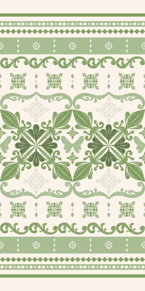Classy Royal Green Four Leaves Clover Design on Beige Pattern. Brocade Embroidery ornament for Rich and Elegant Design for Luxury Apparel Haute Couture. Fleur de lis Exquisite Silk, hand weaves, noble vector
