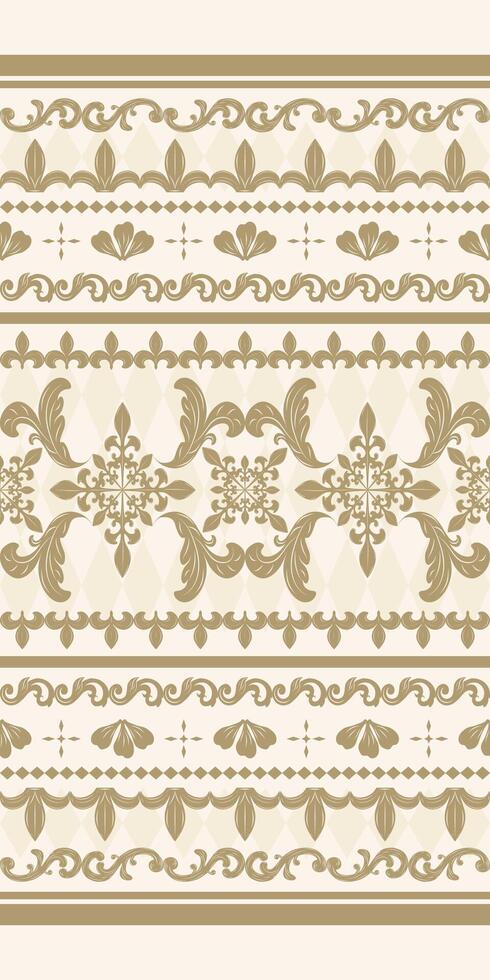 Scent of Golden Petals Luxury Gold embroidery on Beige Background. Fleur de lis scroll Ornament Border Decoration Seamless Pattern Lace Hand draw, craft, haute couture, rich, expensive, interior. vector