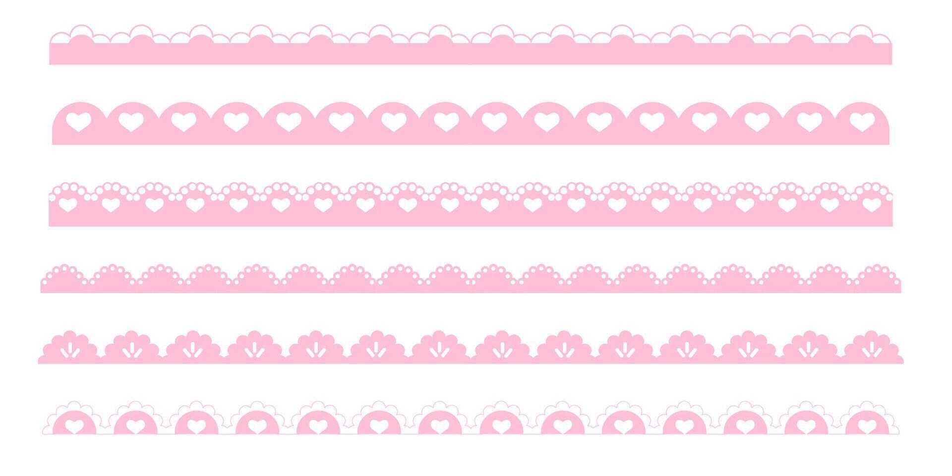 Scalloped pink border simple cute divider with heart and dots ornament edge cutout decoration isolated on white background. vector