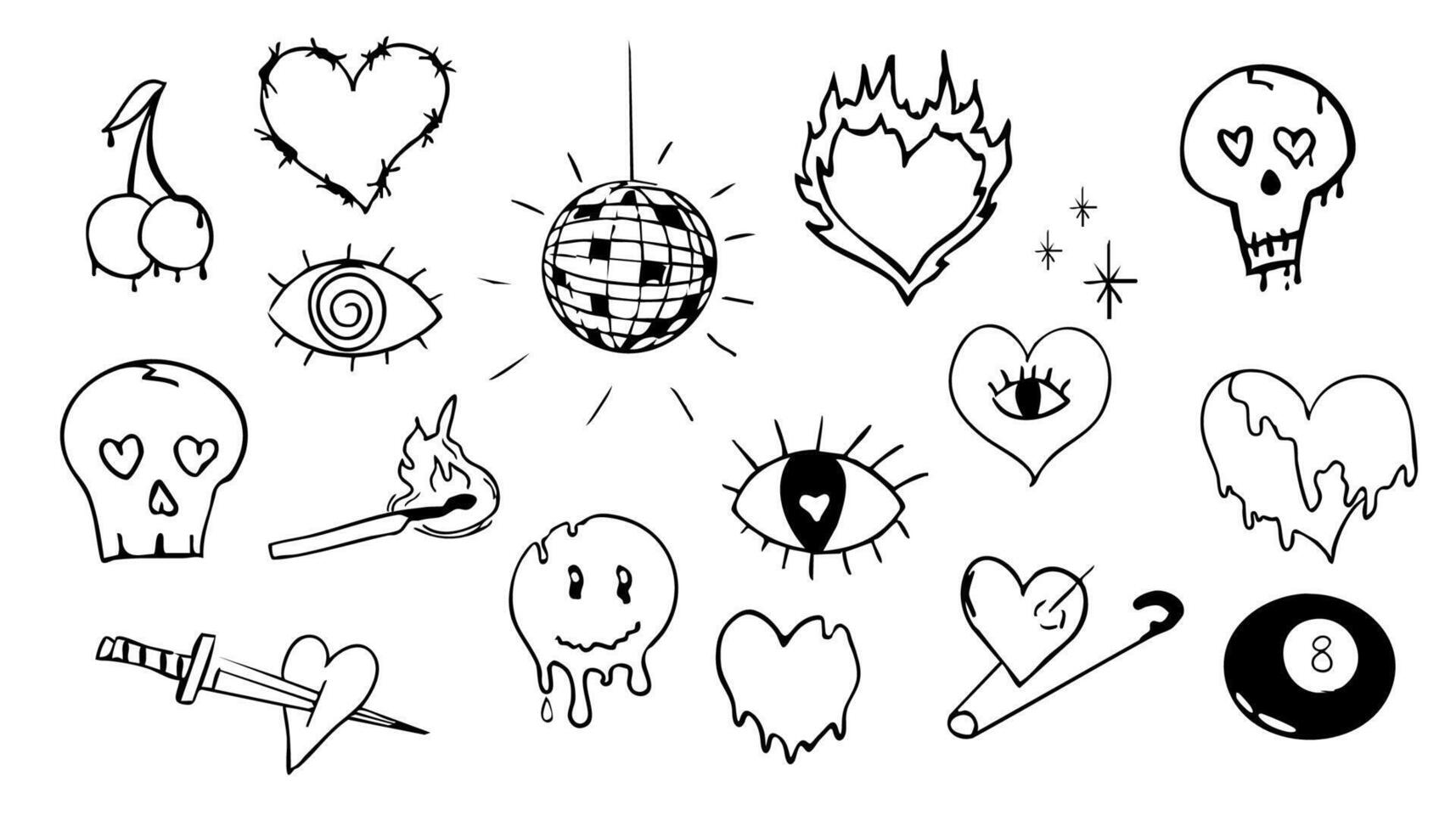 Psychedelic doodle heart barbed wire, with fire and eye, graffiti groovy set. Retro tattoo grunge kit. Disco ball heart with pin, magic eight ball. vector