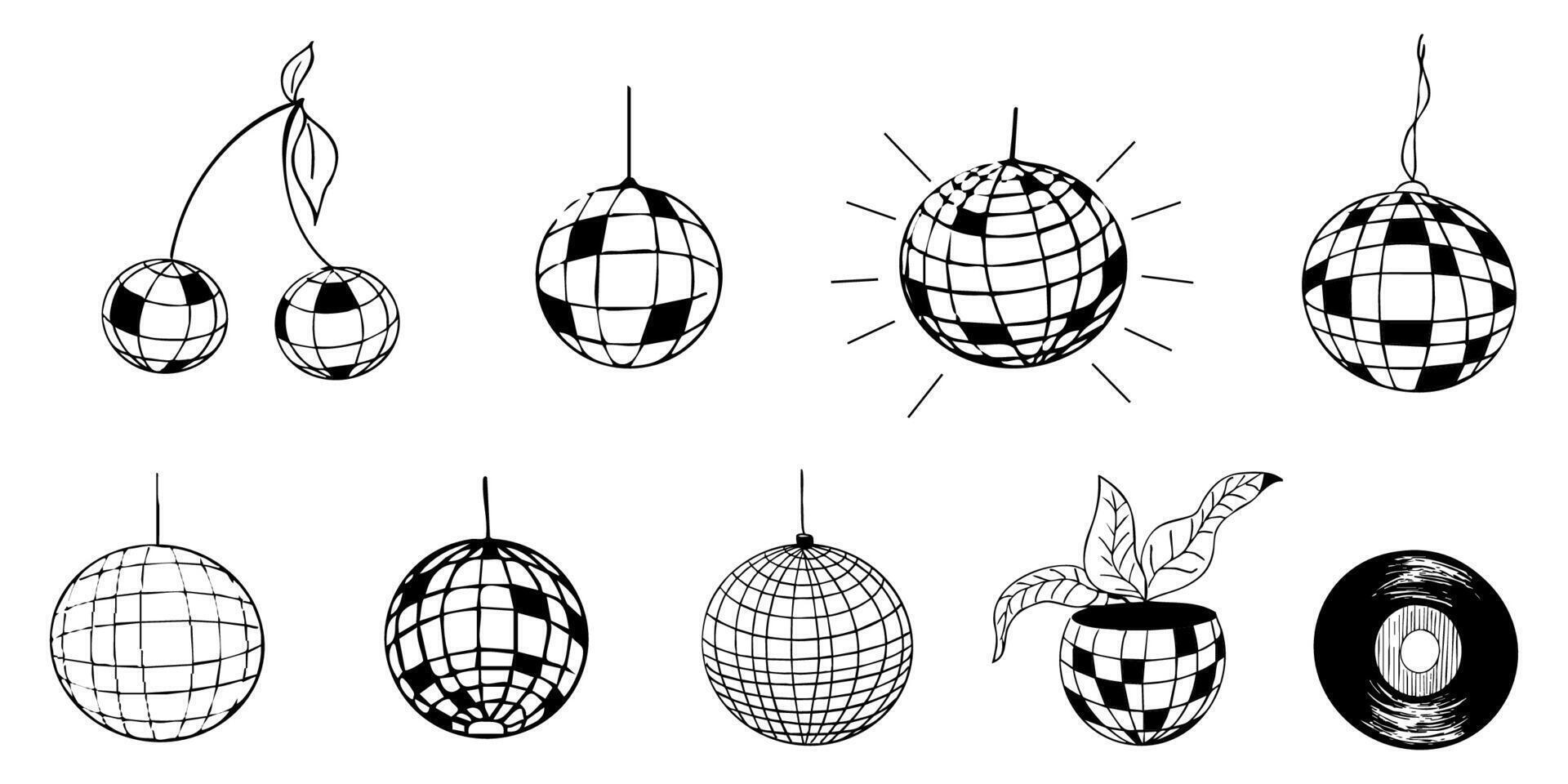 Disco ball doodle line tattoo y2k coquette trendy groovy decoration. Retro dance party line hand drawn design elements. Disco ball with stars, sketch vector