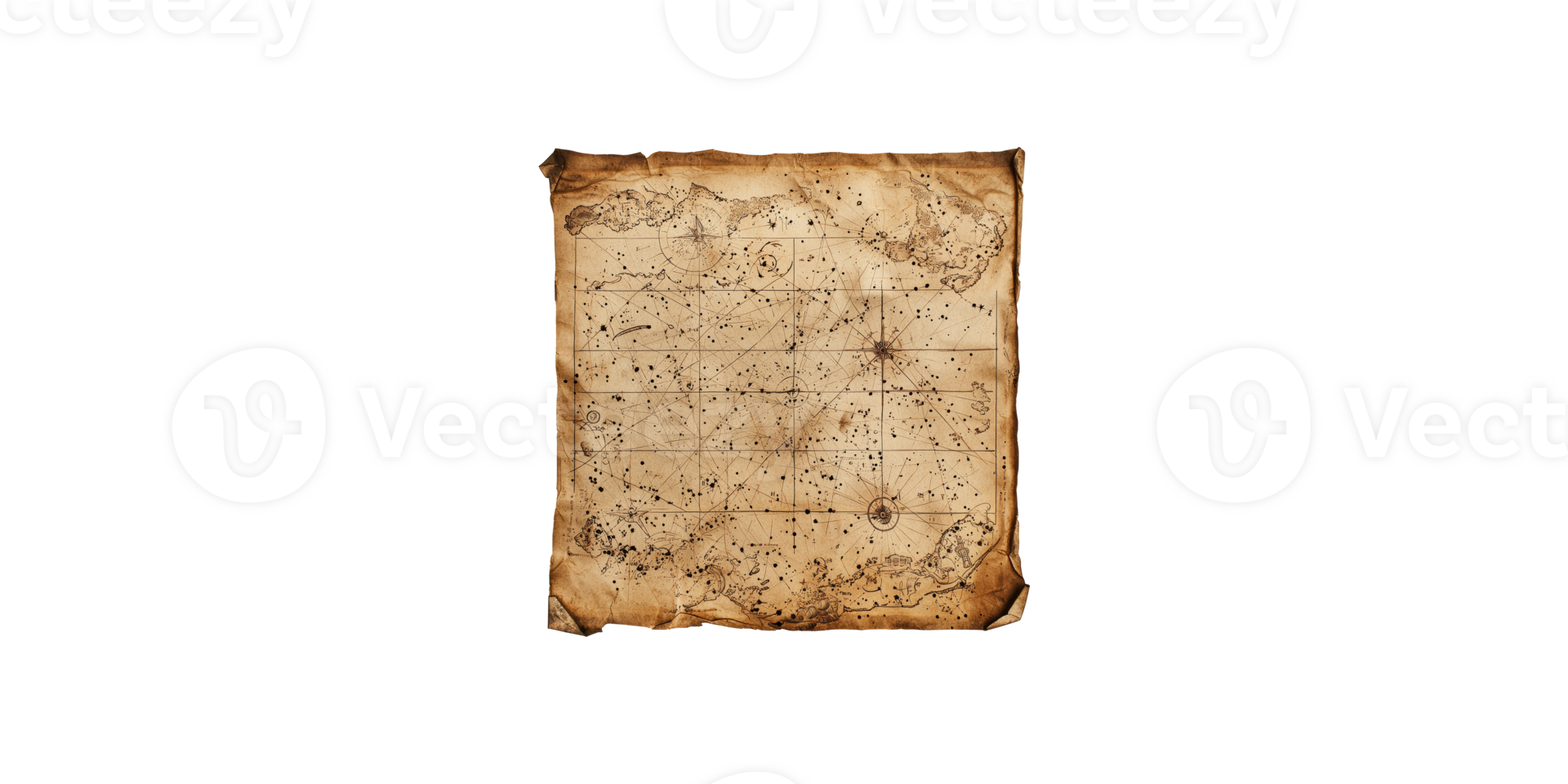 Ancient treasure map with nautical symbols isolated on transparent background png
