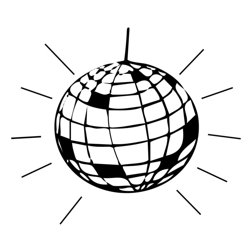 Disco ball doodle line tattoo y2k coquette trendy groovy decoration. Retro dance party line hand drawn design elements. Disco ball with stars, sketch vector