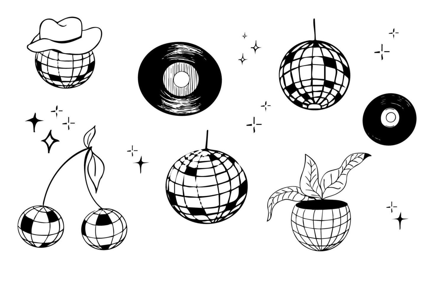 Disco ball doodle line tattoo y2k coquette trendy groovy decoration. Retro dance party line hand drawn design elements. Disco ball with stars, sketch vector
