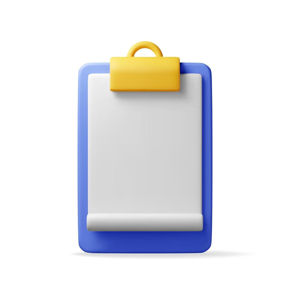 3d clipboard with empty paper sheet isolated on white background. Clipboard render with white paper. Folder for documents with golden clip vector