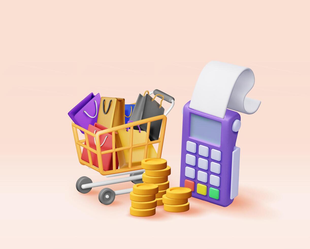 3D payment terminal with coins and shopping cart. Render shopping concept. Payment NFC keypad machine. Credit debit card reader with shop trolley. vector
