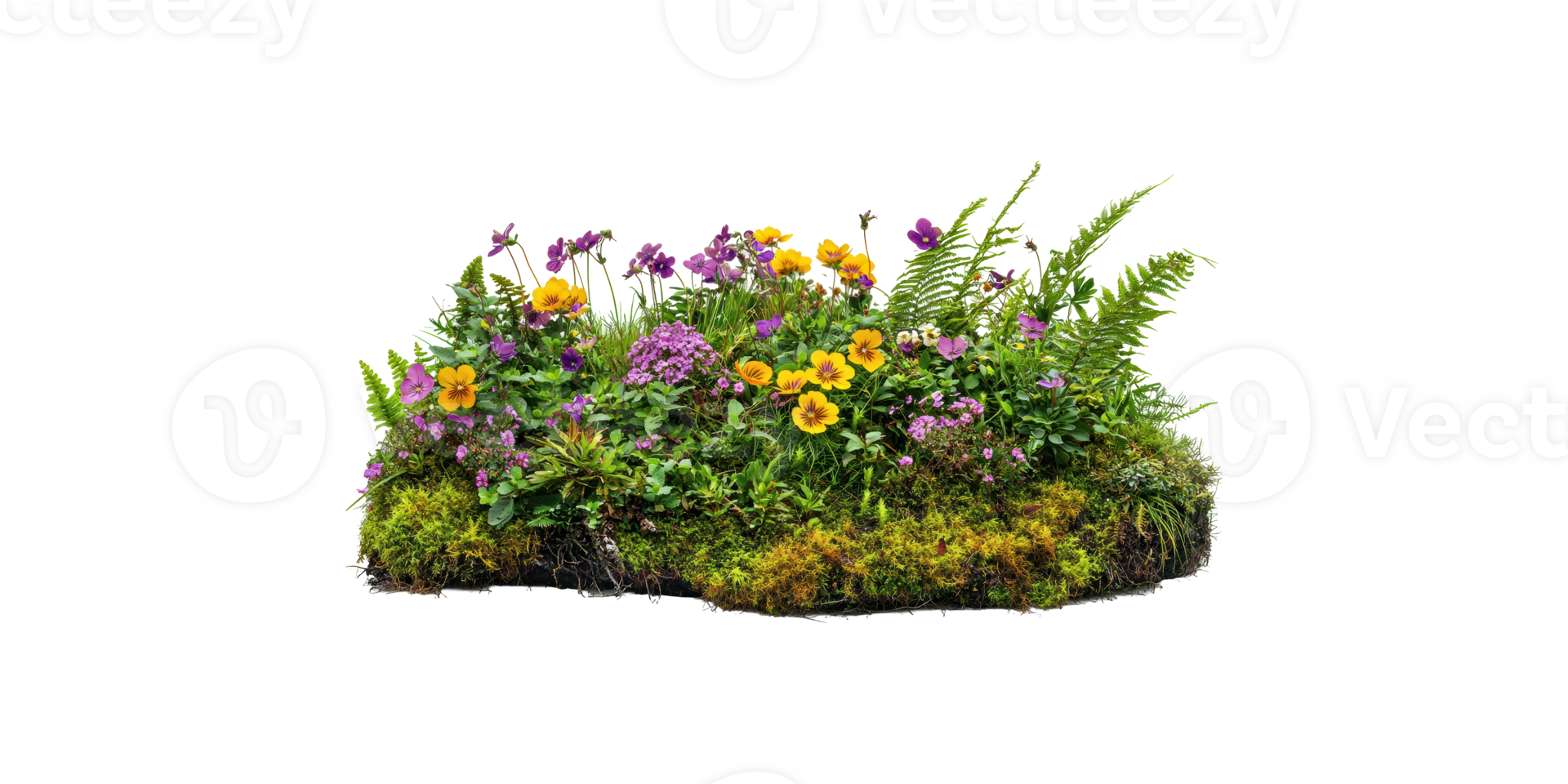Flower bed with mixed blooming plants isolated on transparent background png