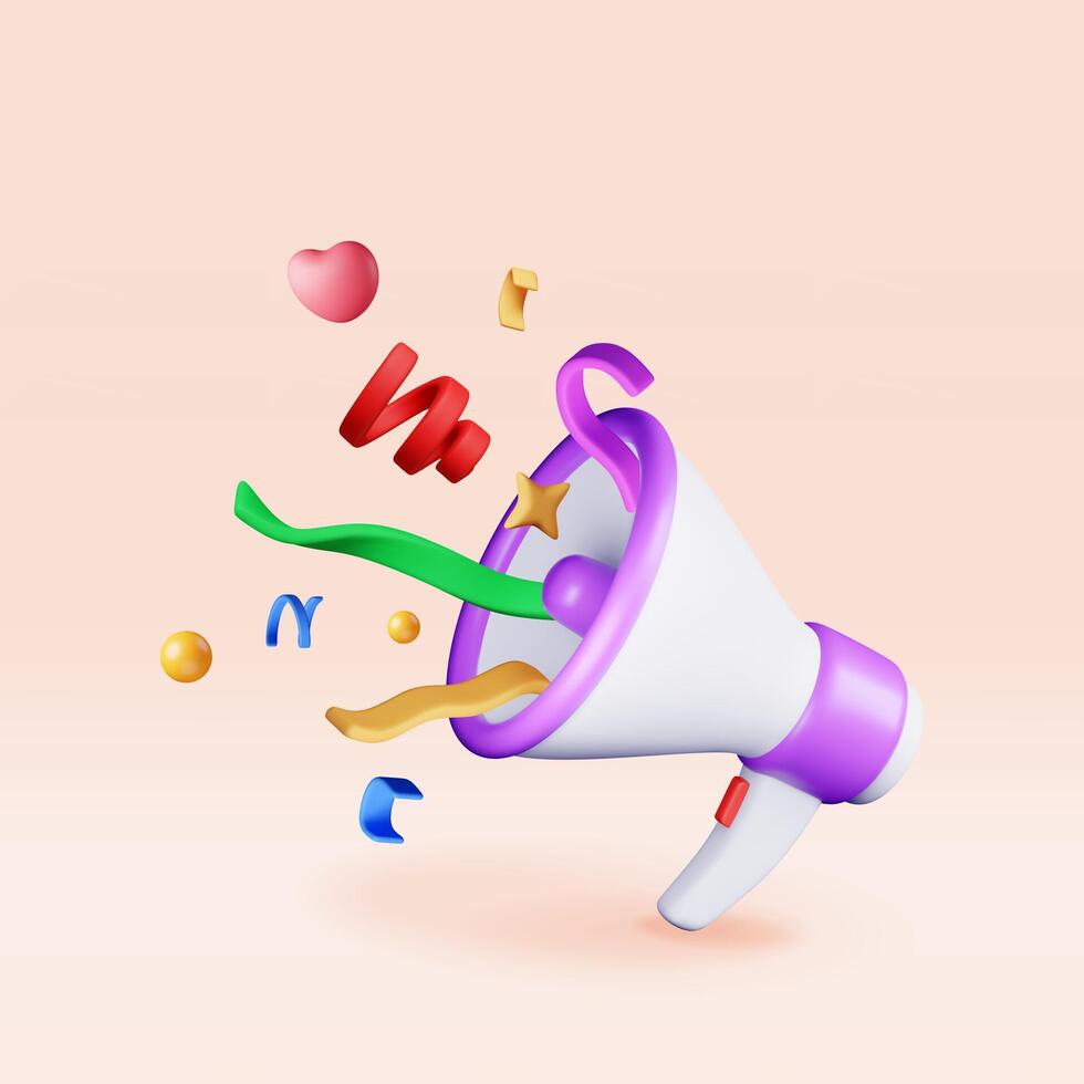 3D Megaphone with colorful confetti. Render megaphone realistic. Modern bullhorn or loudspeaker. Grand opening or sale concept. Announcement message, birthday or holiday attention vector