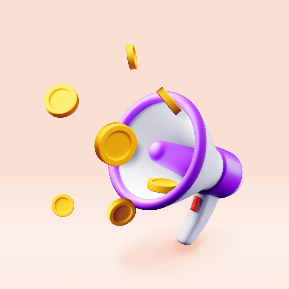3D megaphone with coins isolated on pink. Render plastic megaphone realistic with money. Modern bullhorn or loudspeaker vector