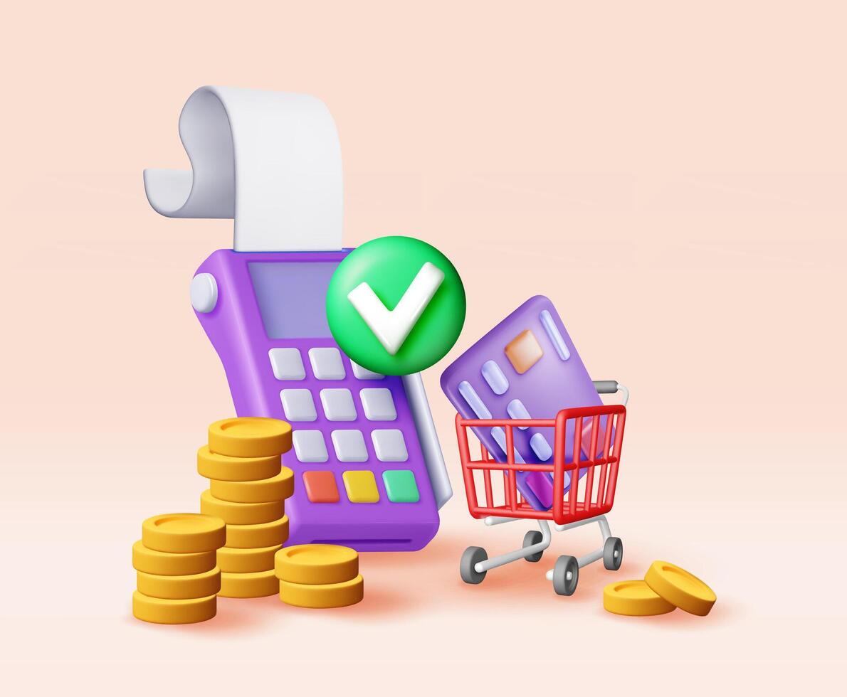 3D payment terminal with coins and shopping cart. Render shopping concept. Payment NFC keypad machine. Credit debit card reader vector