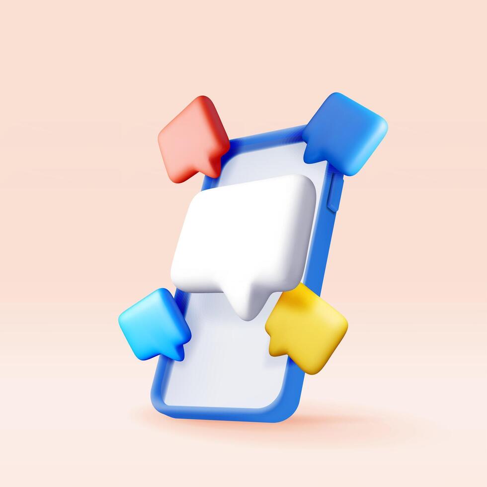 3D colorful speech bubbles on smartphone. Render collection of chat balloon pin. Notification shape mockup. Communication, web, social network media, app button. vector