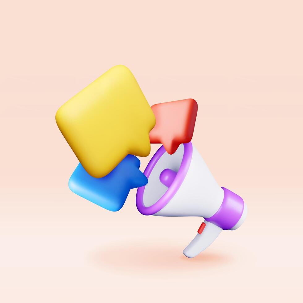 3D megaphone with blank bubble chat isolated. Render plastic megaphone realistic. Modern bullhorn or loudspeaker. vector