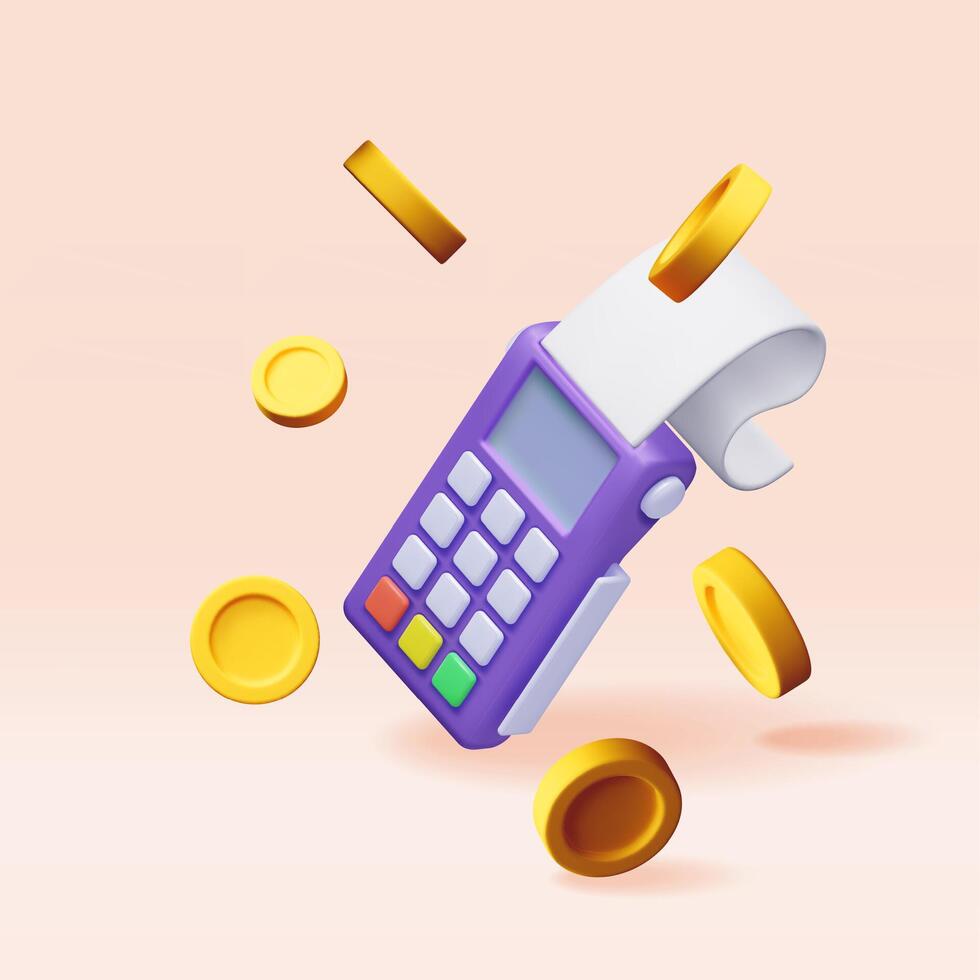 3D Payment icons set. Render terminal with card, coins and receipt. Modern POS bank payment device. Payment NFC keypad machine. Golden dollar coins vector