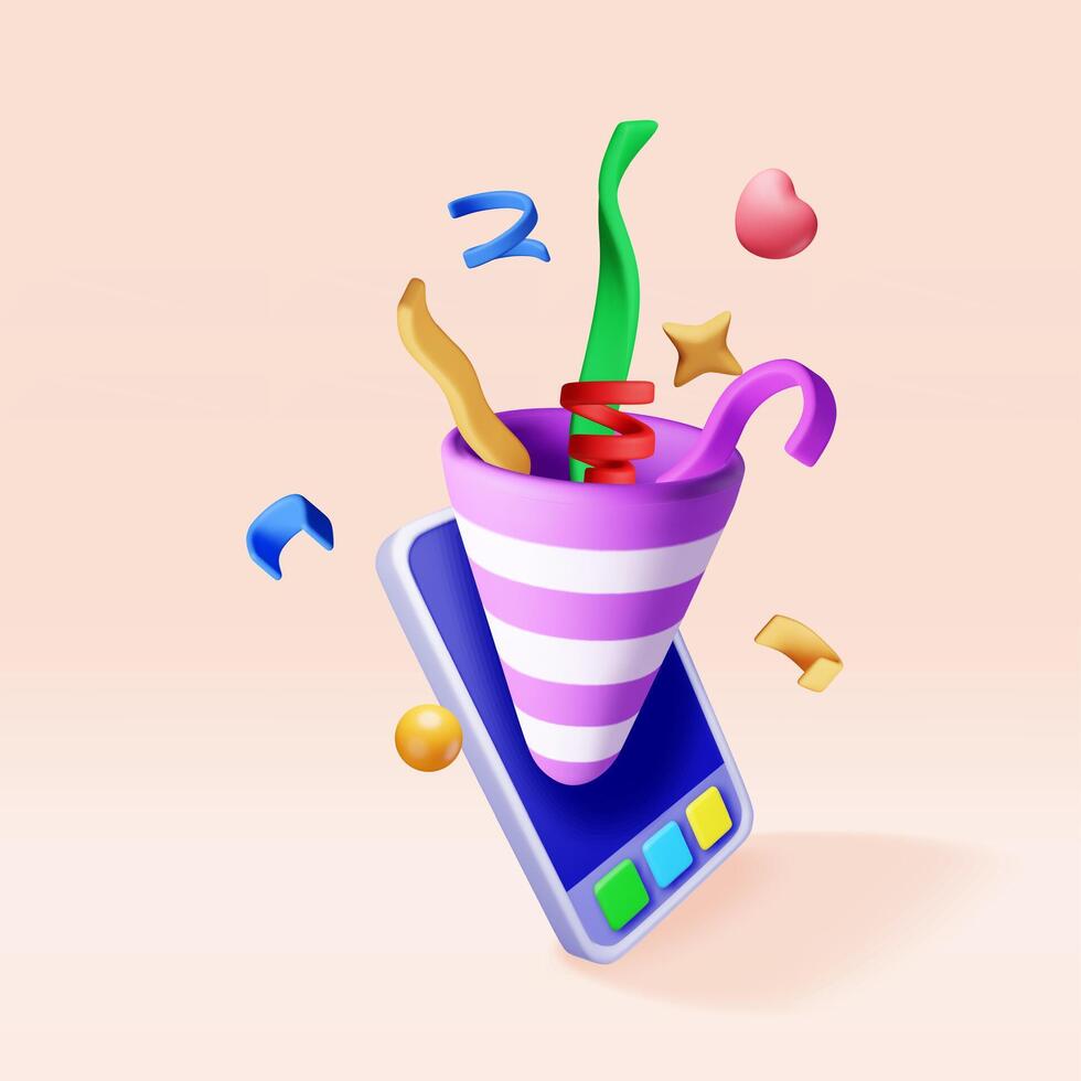 3D party popper with confetti on mobile phone. Render plasticine confetti on smartphone. Colorful firecracker elements in various shapes. Party holiday surprise or birthday events vector